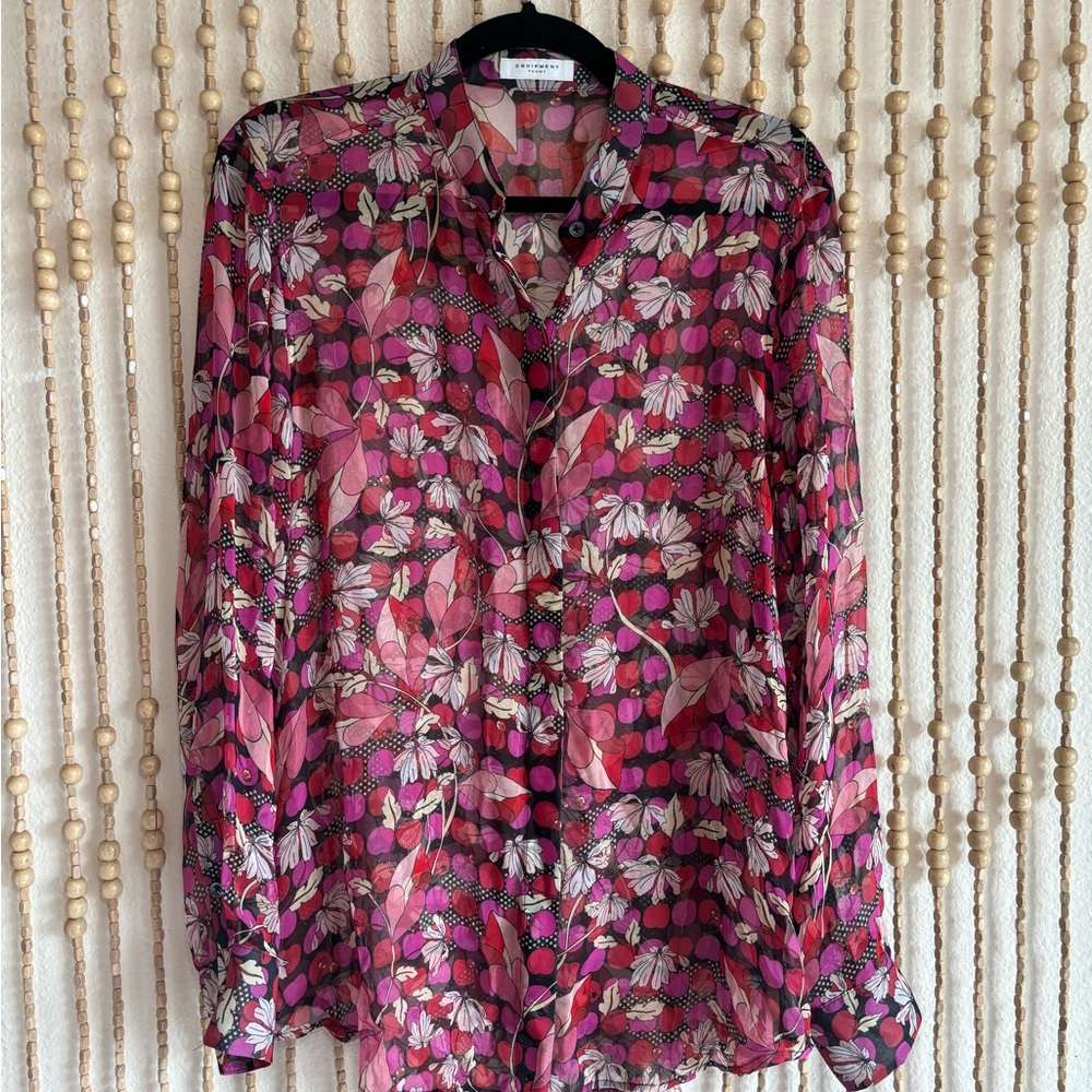 Equipment Femme Silk Floral Purple Red Semi Sheer Boho Feminine Work Wear Blouse